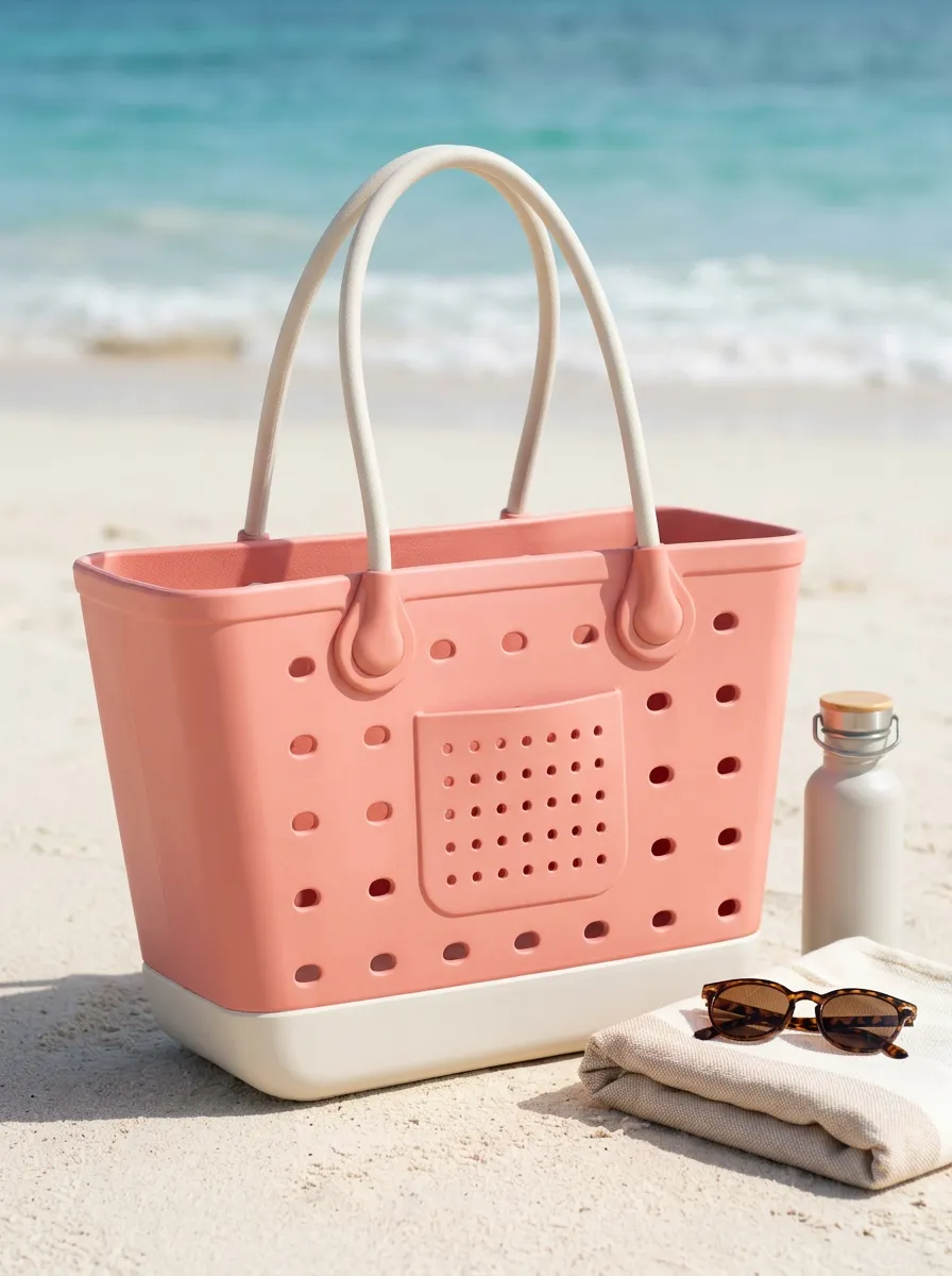 Coral Pink Waterproof Perforated Beach Tote Bag