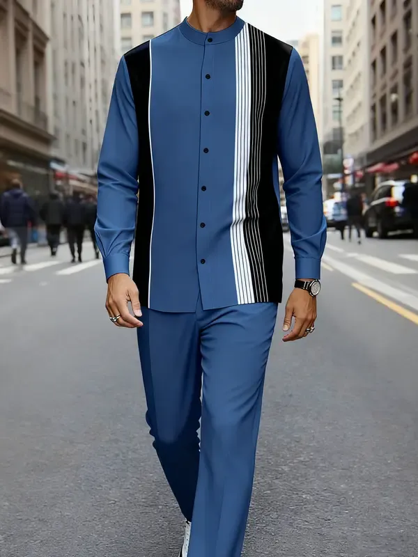 Men's black and white striped button-down shirt with drawstring waist casual pants