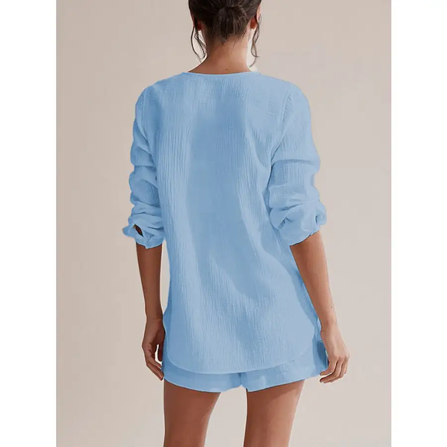 Relaxed Notched Long Sleeve Top and Shorts Set