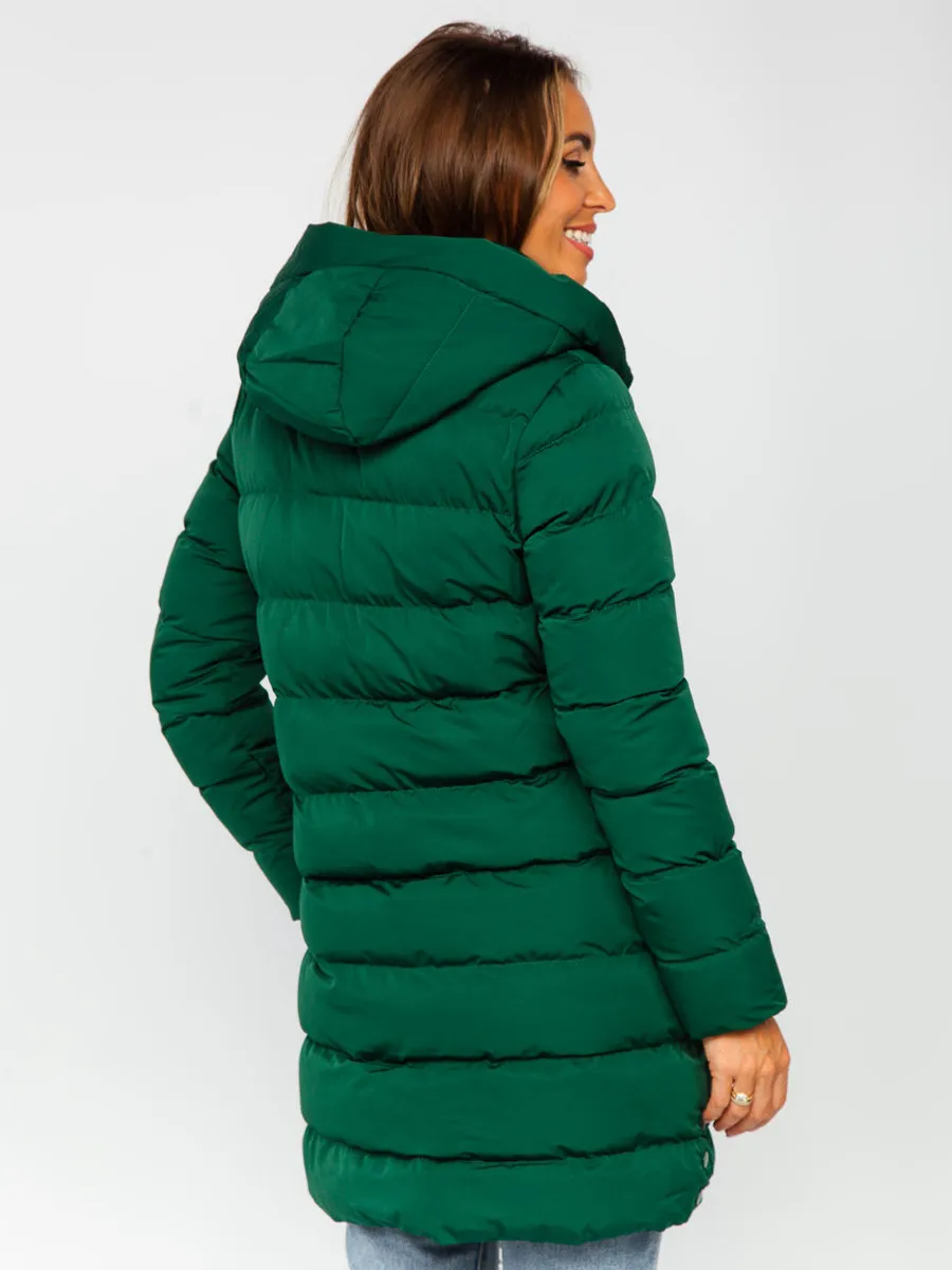 Green Women's Long Quilted Winter Jacket With Hood
