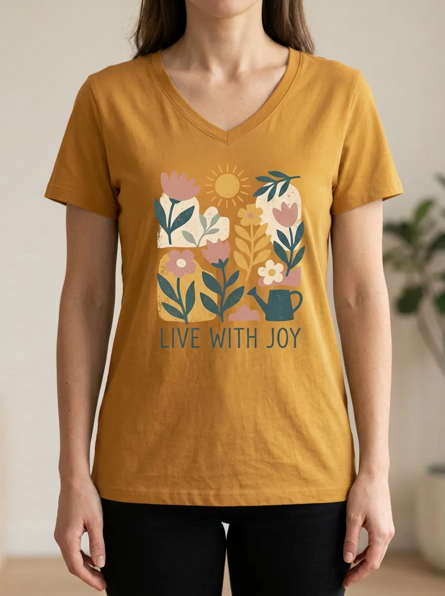 Women's Live With Joy Floral Garden Print V-Neck T-Shirt