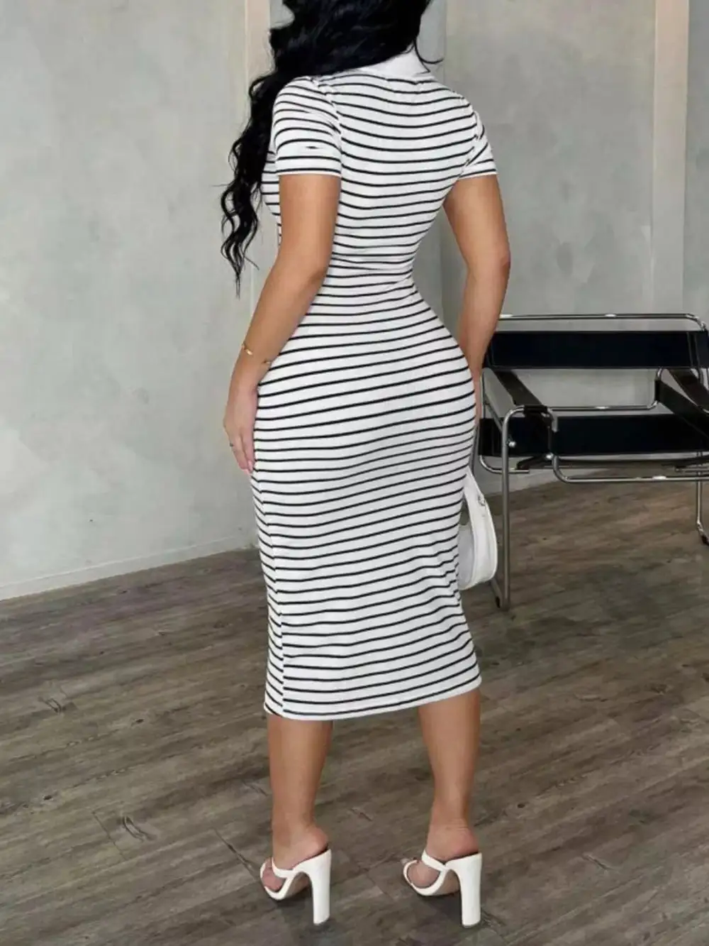 Slight Stretch Buttoned Striped Polo Midi Dress