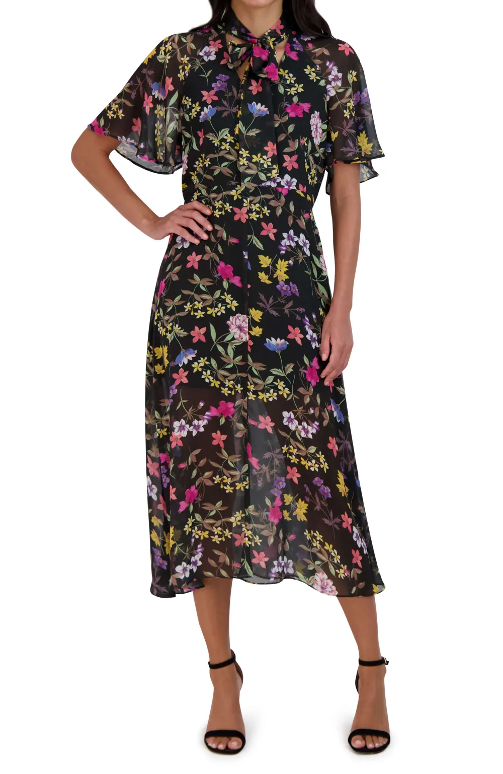 Tie Neck Flutter Sleeve Dress