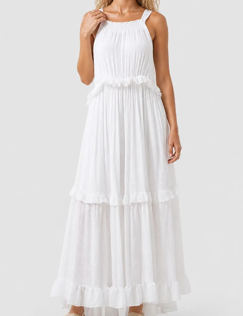 Boho Ruffle Tiered Hem Sleeveless Solid Color Maxi Dress