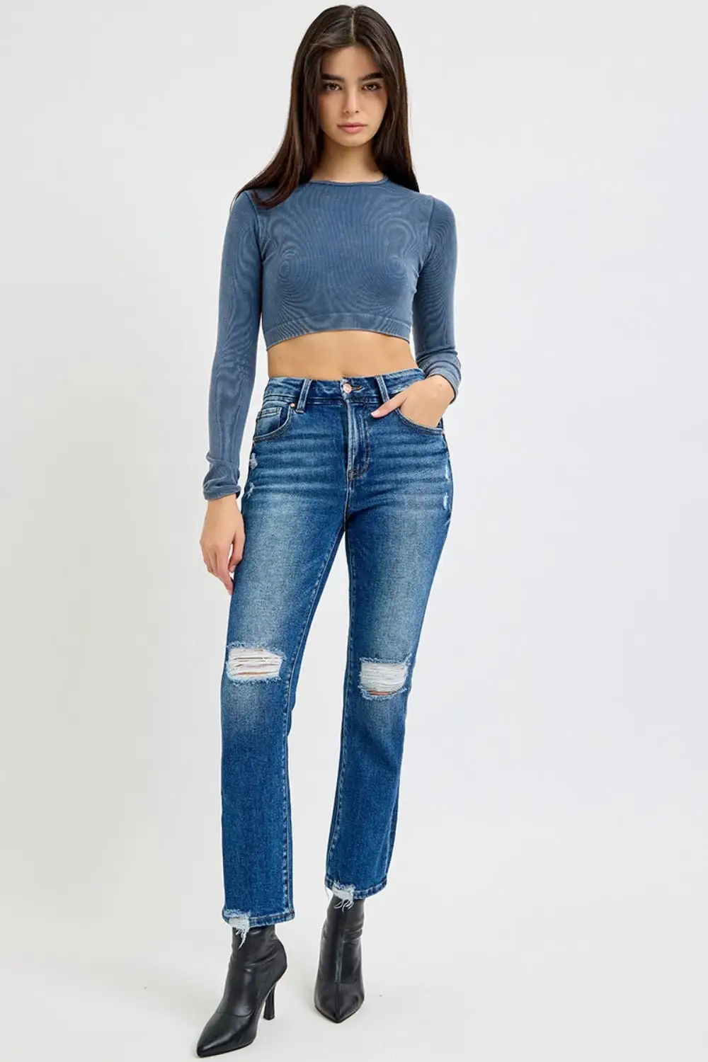 Easy High Waist Straight Leg Distressed Denim Jeans