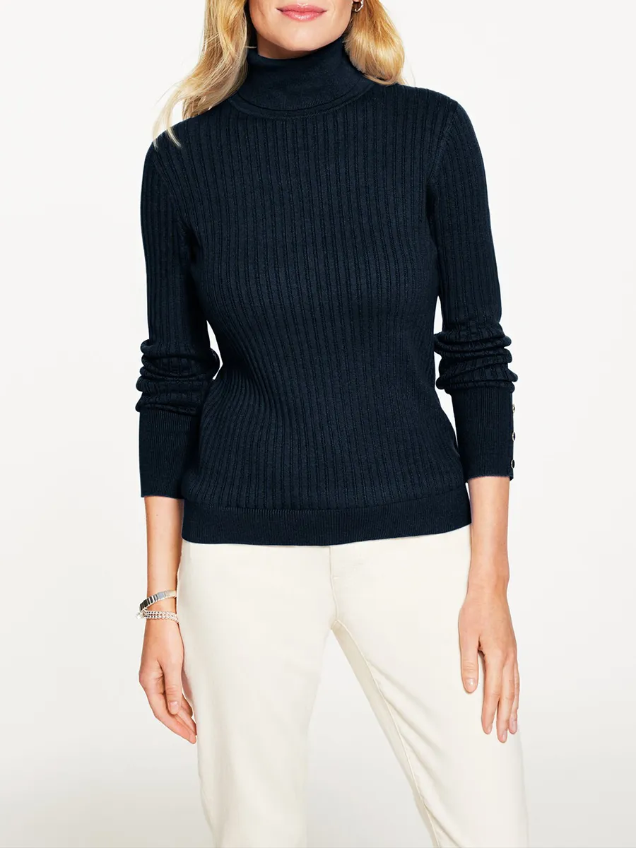 Lady'S Simple And Fitted Ribbed High-Neck Sweater