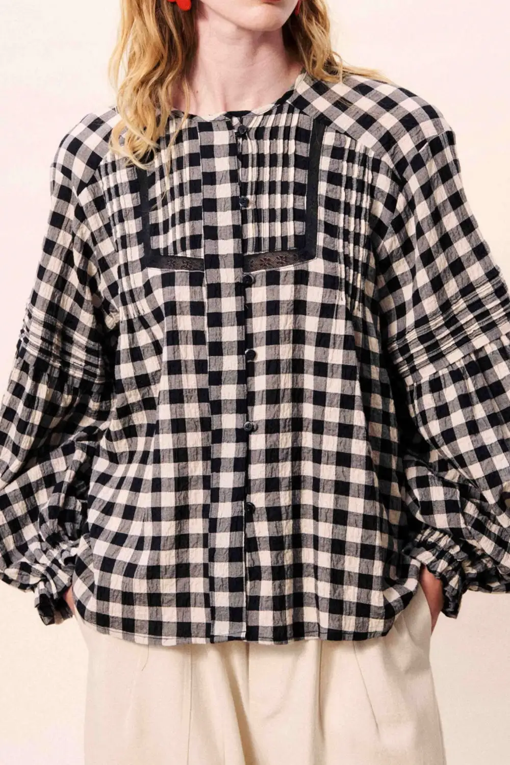 Gingham Plaid Button Front Pleated Shirt