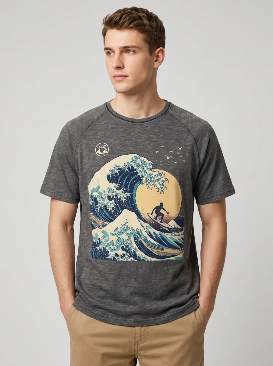 Men's Graphic Print Raglan T-Shirt with Graphic print on the chest featuring a wave and surfer motif