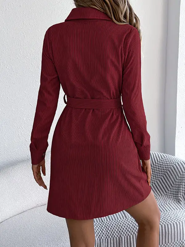Elasticated Waist Long Sleeve Belted Buttoned Single Breasted Solid Color Lapel