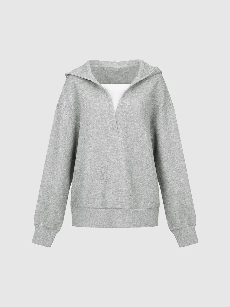 Lady's Grey Casual V-Neck Loose Hoodie