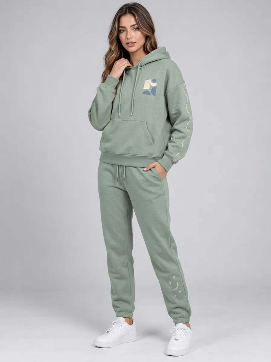 Women's Sage Green Cuffed Pants Solid Hoodie & Pants Set