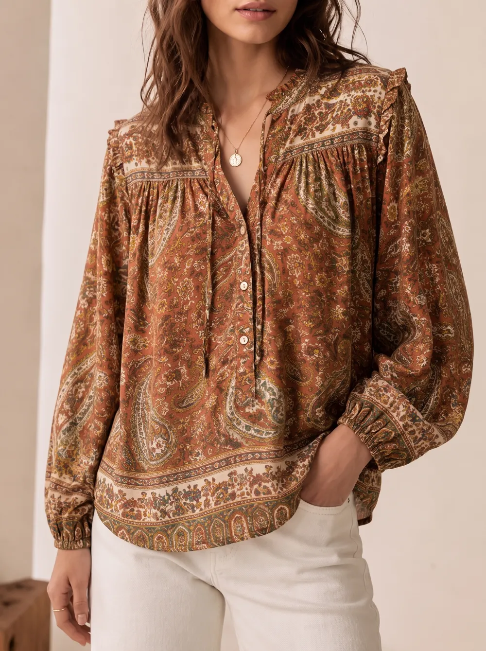 Women's Paisley Split Neck Gathered Yoke Ruffle Cuffs Blouse