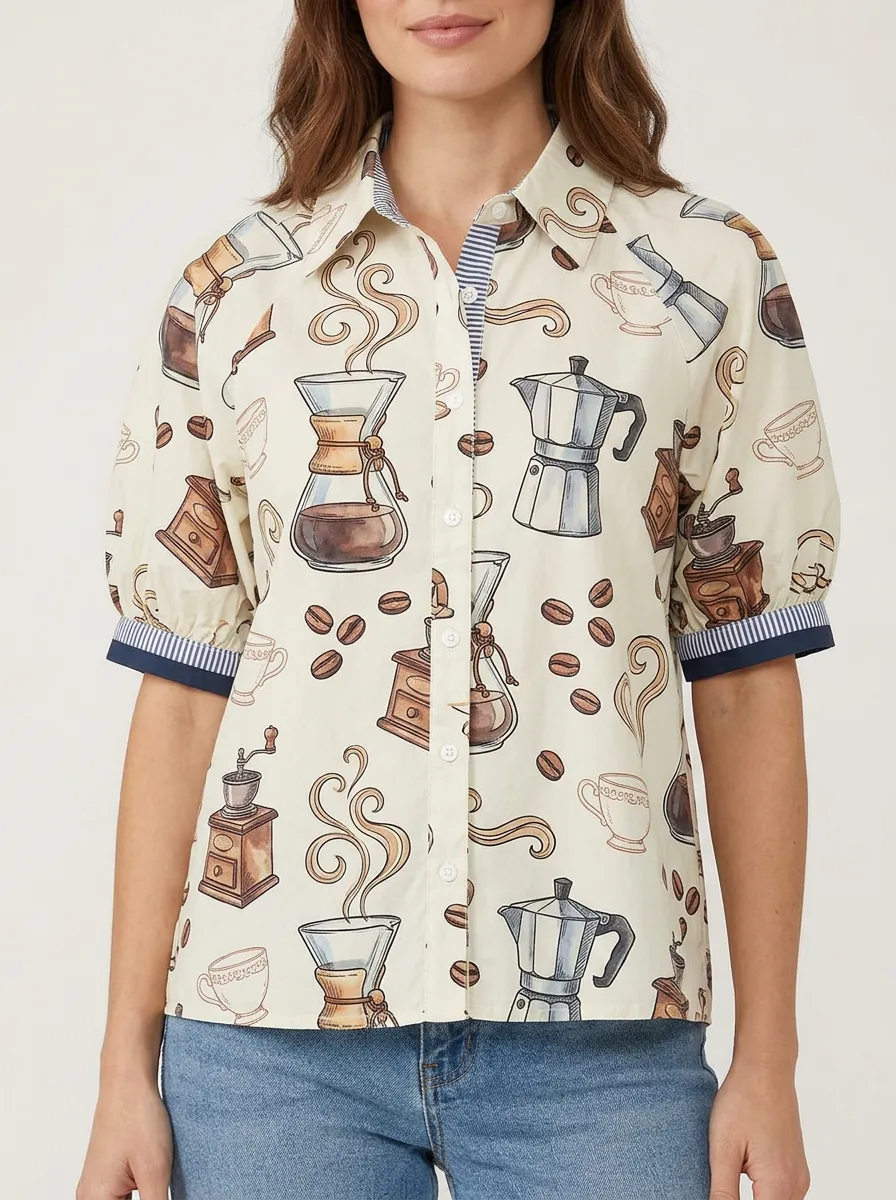 Women's Coffee Lover Espresso Maker Printed Button-up Shirt