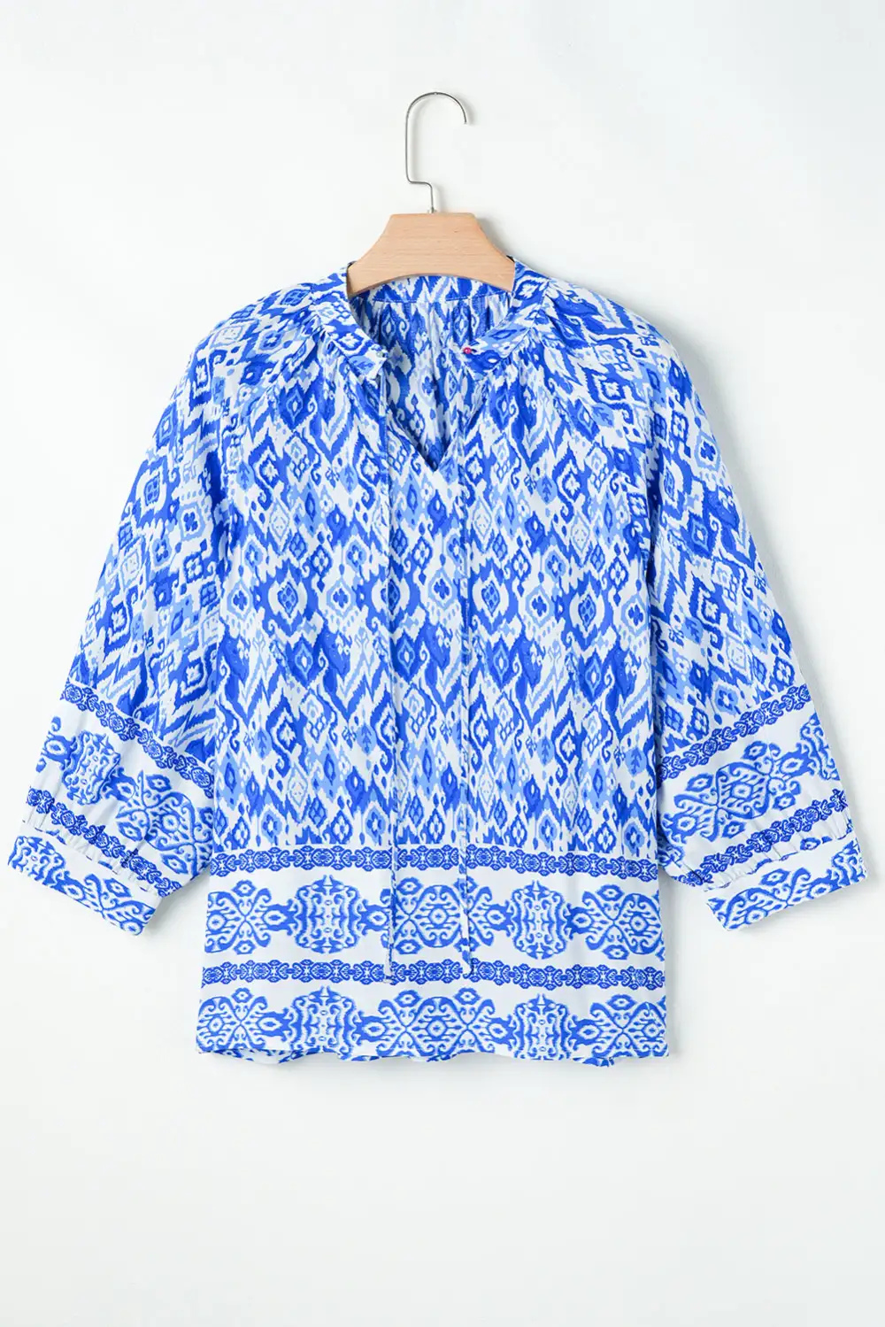 Blue Boho Printed 3/4 Sleeve Tied Neck Blouse