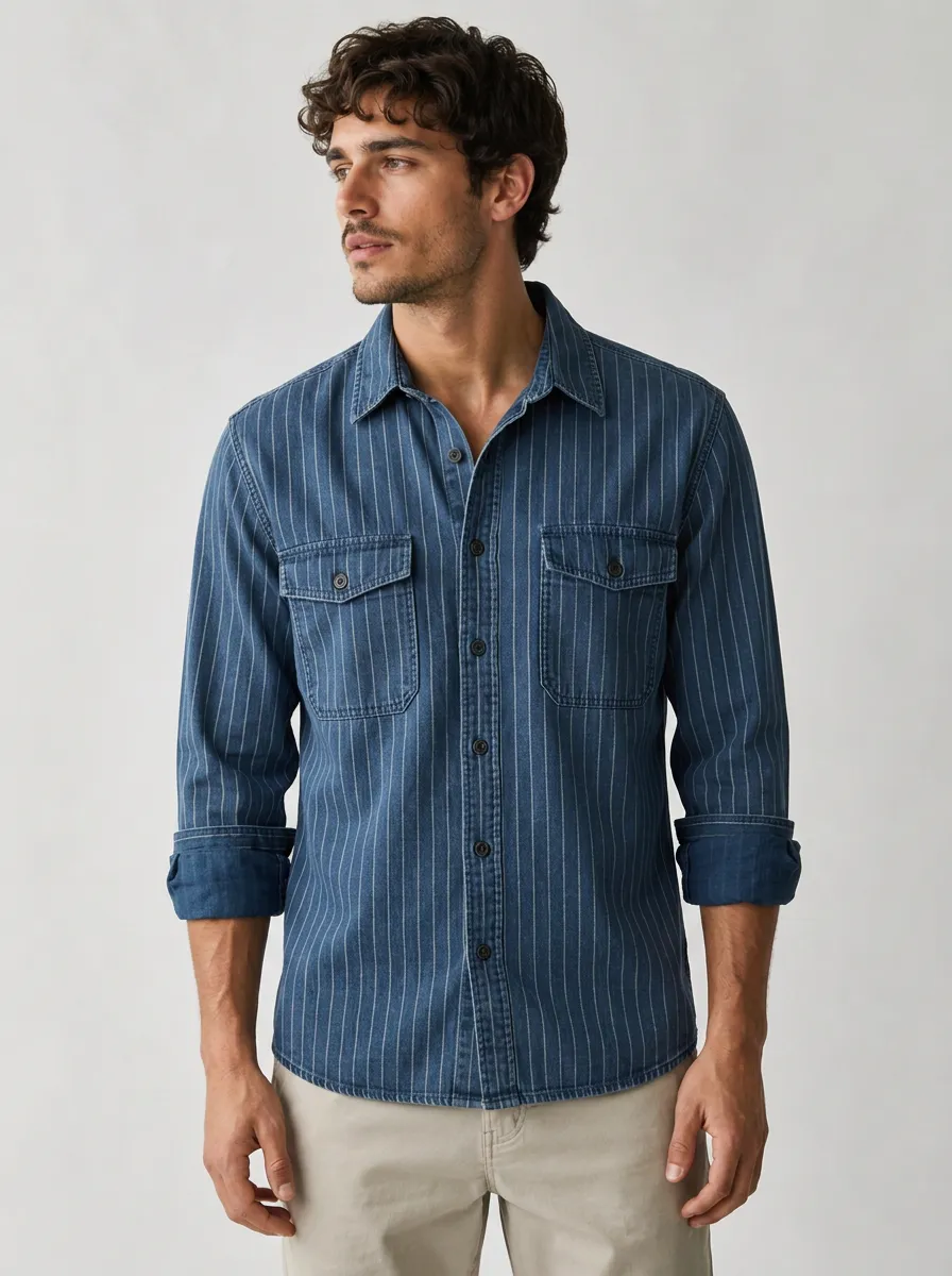 Men's Casual Blue Vertical Striped Denim Printed Shirt