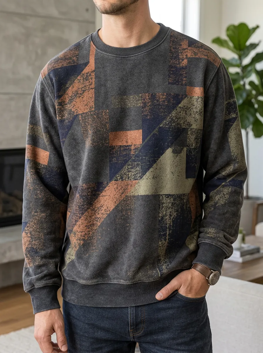 Men's Geometric Print Crewneck Sweatshirt Minimalist
