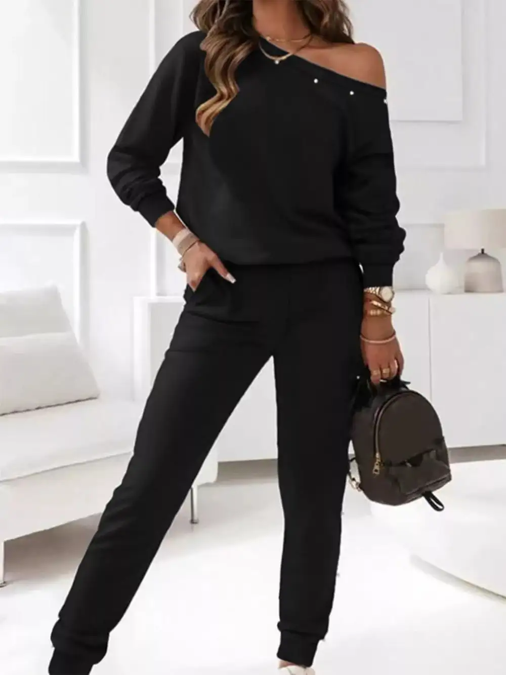 One Shoulder Pearl Embellished Top and Pants Set
