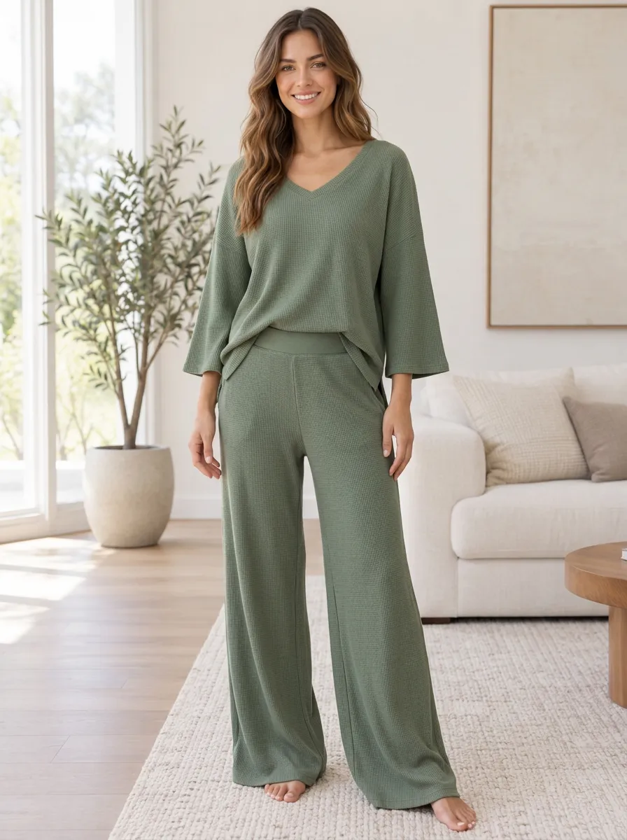 Women's Comfort Lounge Waffle Knit Wide Leg Relaxed Set