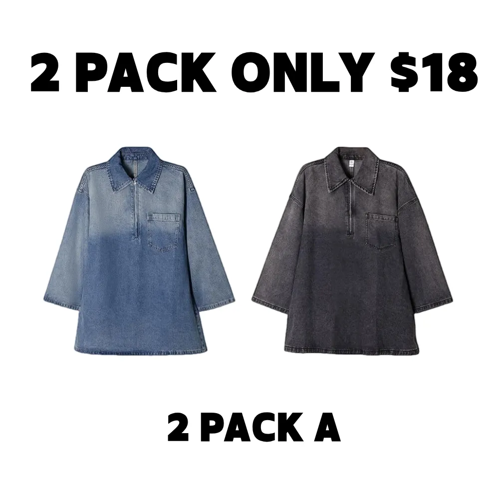 🔥 Loose Fit Denim Dress 👖 Vintage Blue Half-Zip | BF Fall Daily Must-Have 💰