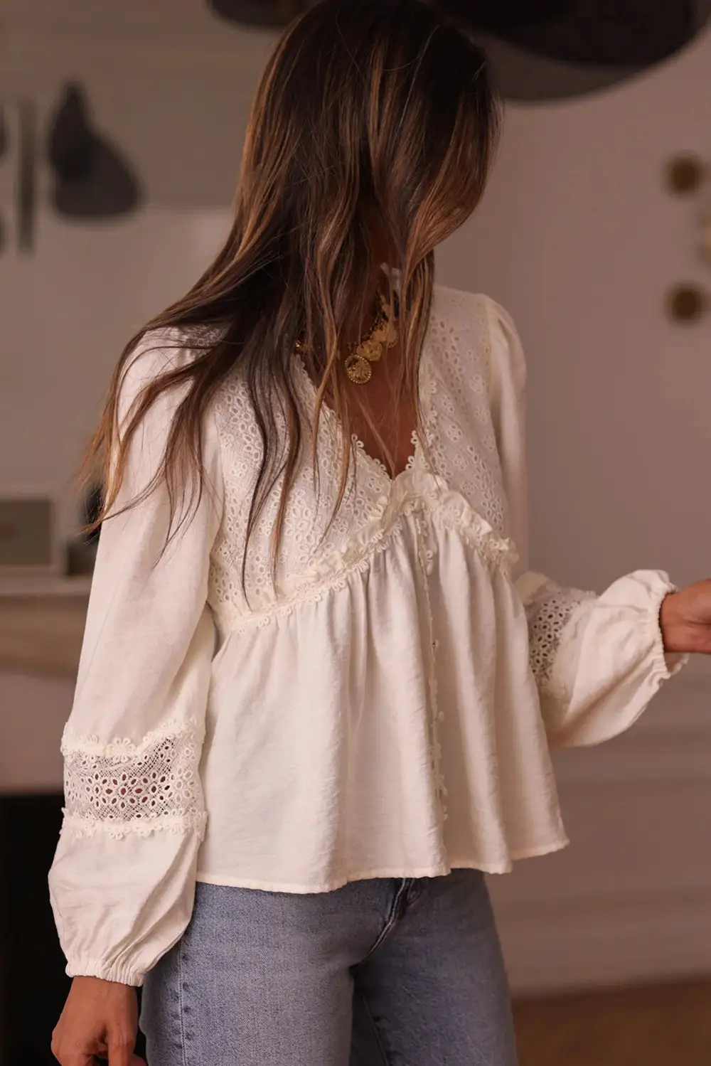 Floral Lace Trim Ruffled Blouse