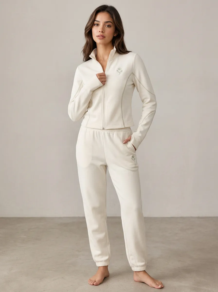 Women's Cream Embroidered Zip-Up Jacket & Jogger Set