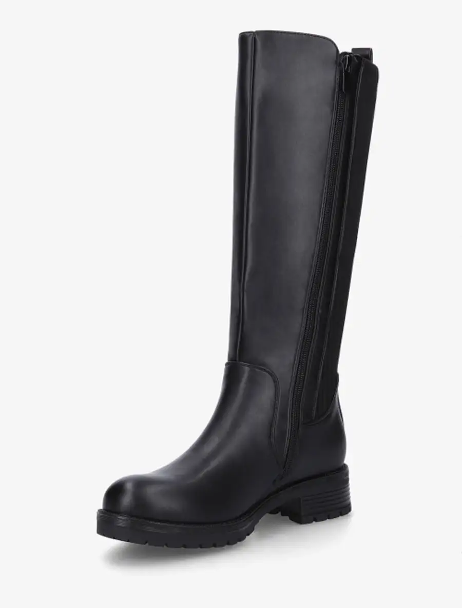 Rugged Stretch Panel Block Heel Faux Leather Knee High Boots