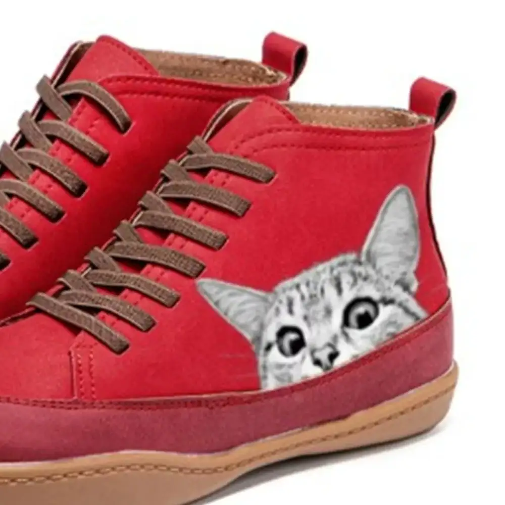 Cat Print Striped Ankle Sneakers