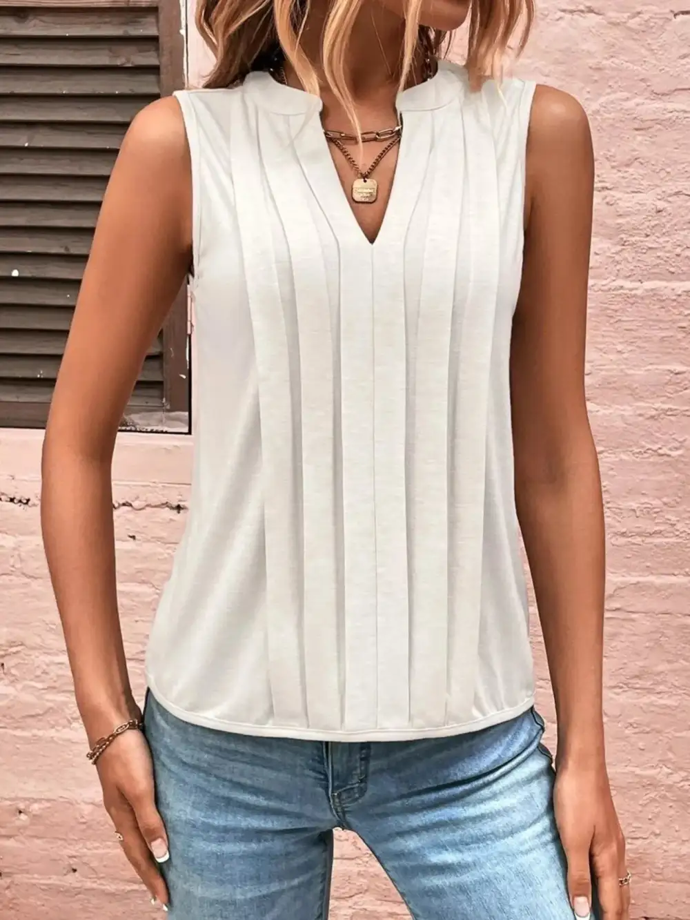 Sleeveless Pleated Notched Tank