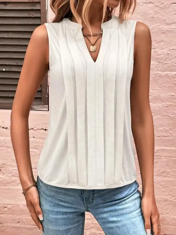 Sleeveless Pleated Notched Tank