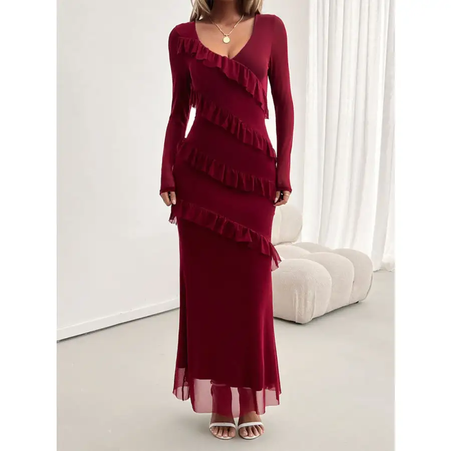 Devine Ruffled Surplice Long Sleeve Maxi Dress