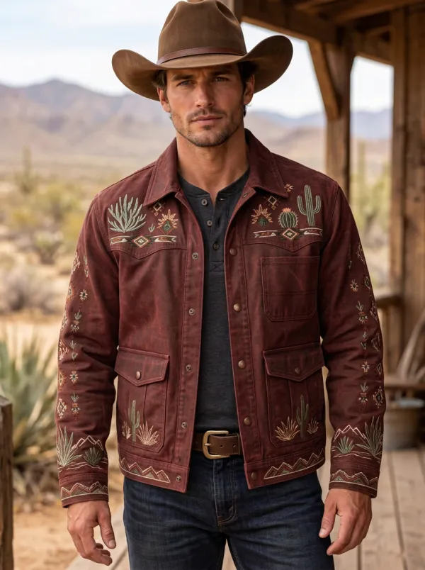 Men's Western Cowboy Cactus Desert Embroidered Jacket