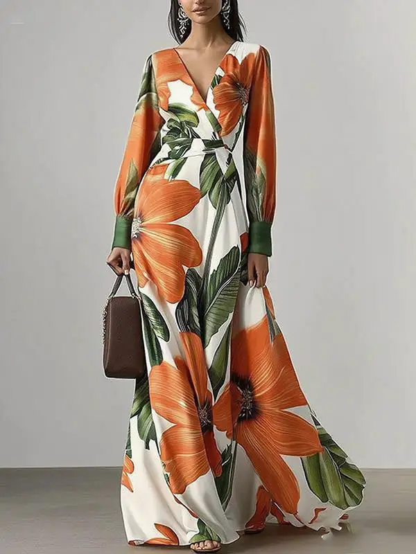 Flower Pleated Long Neck Maxi Dress