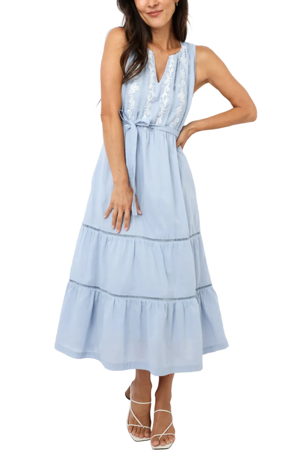 Sleeveless V Neck Embroidered Midi Dress