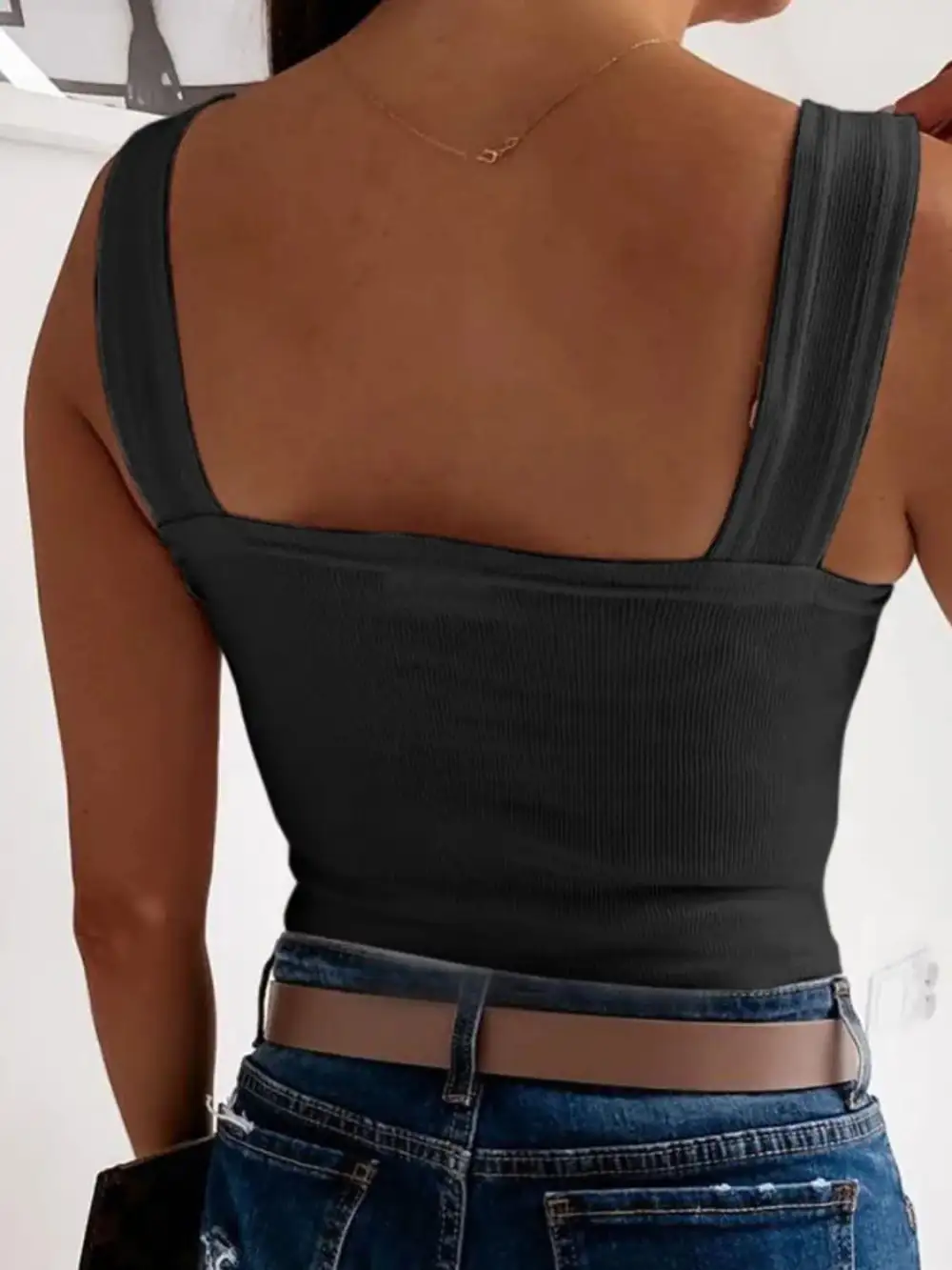 Square Neck Wide Strap Tank Polyester Blend