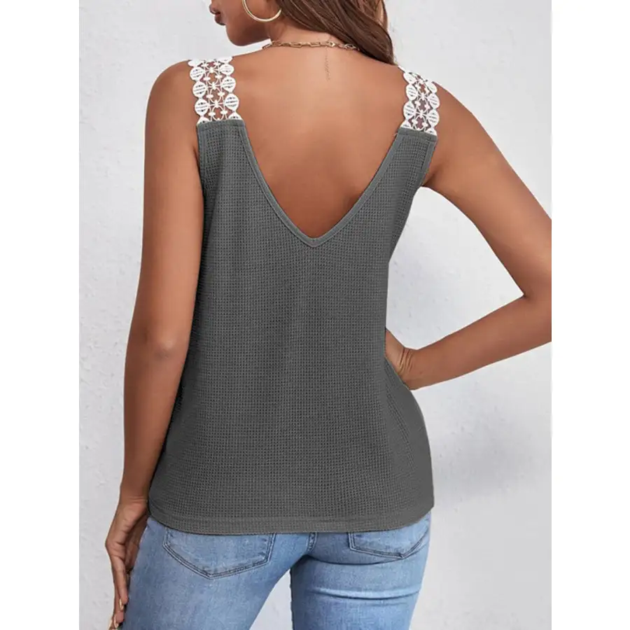 Lace Detail Waffle Knit V Neck Tank