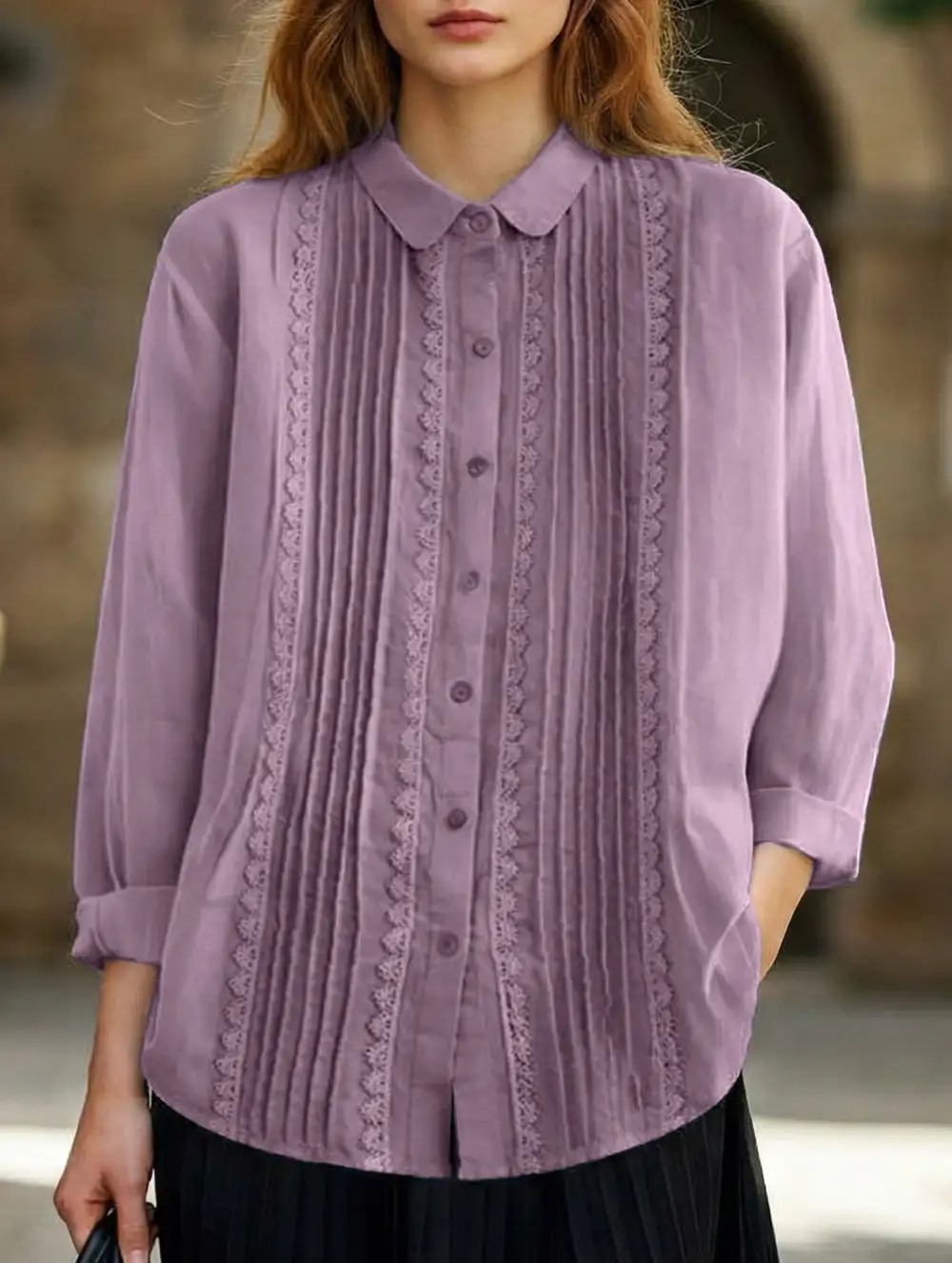 Literary Style Loose Lace Trimmed Shirt