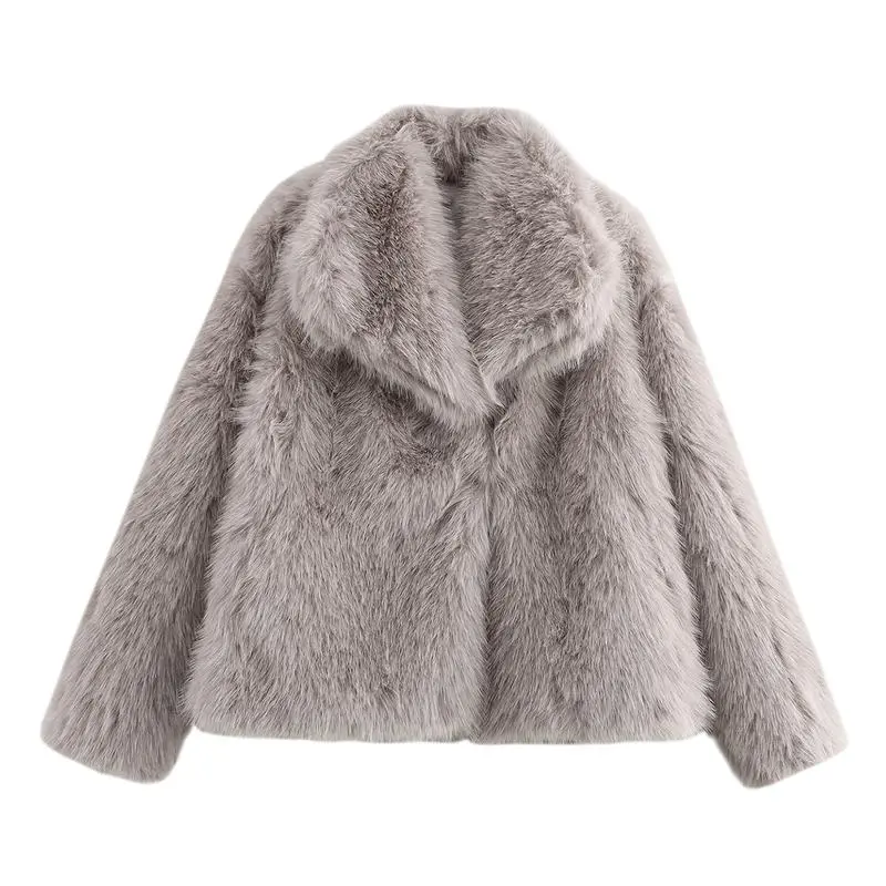 Women's Luxurious Oversize Solid Color Wide Lapel Snap Closure Fuzzy Thermal Outerwear, Fall & Winter Long Sleeve Outerwear, Faux Fur Outfit