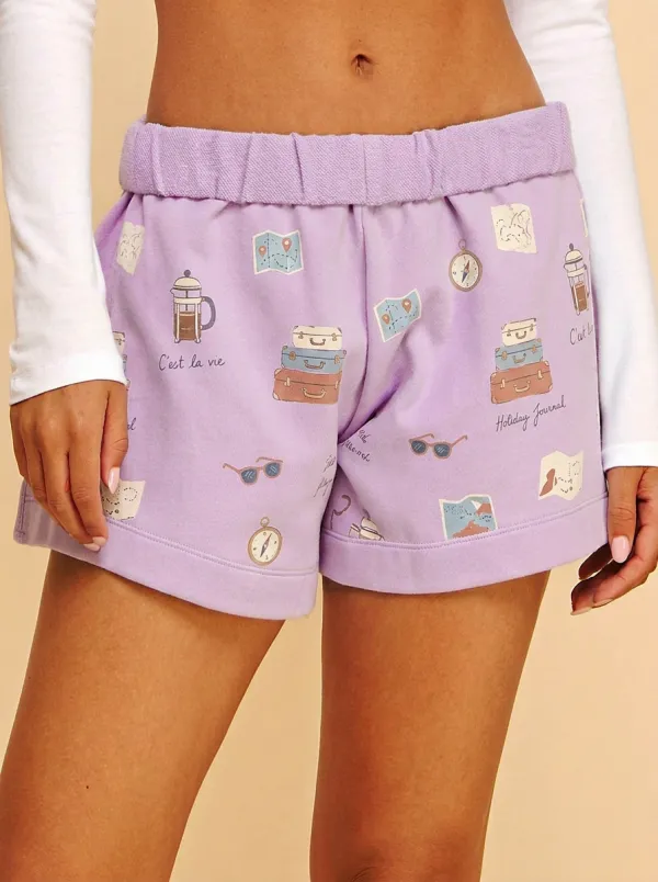 Women's Travel-Inspired Suitcase Map Compass Printed Shorts