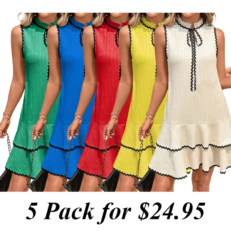 5PACK-Contrast Color Cotton And Linen Casual Dress
