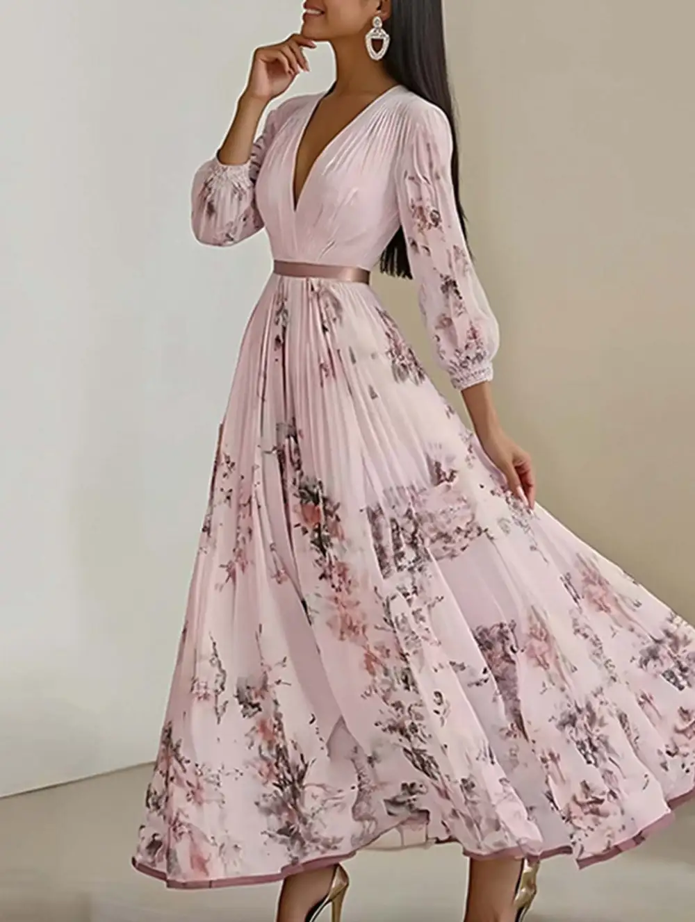 V-Neck Pleated Printed Slim Maxi Dress