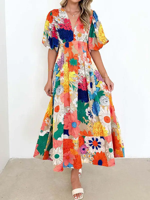 Print Pleated Neck Maxi Dress