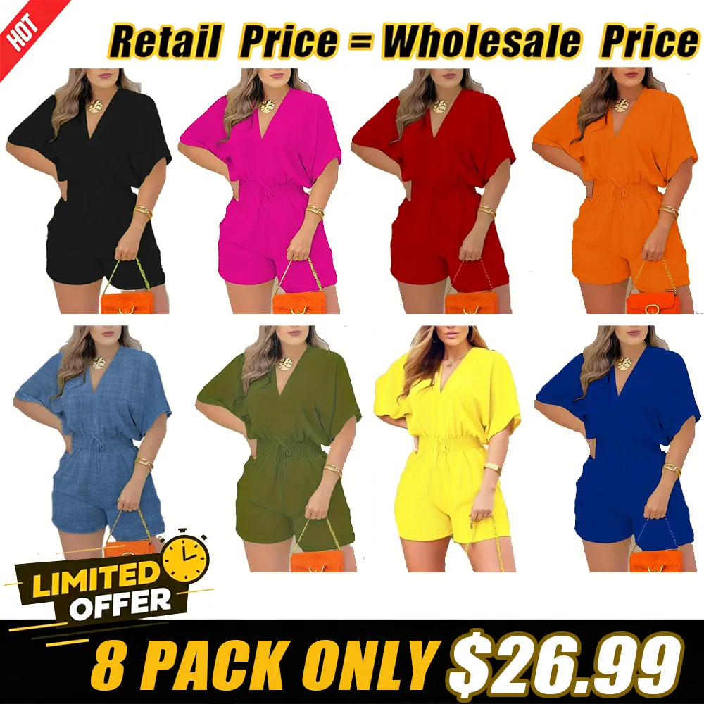 Women's Solid-Color V-Neck Jumpsuit with Drawstring Waist