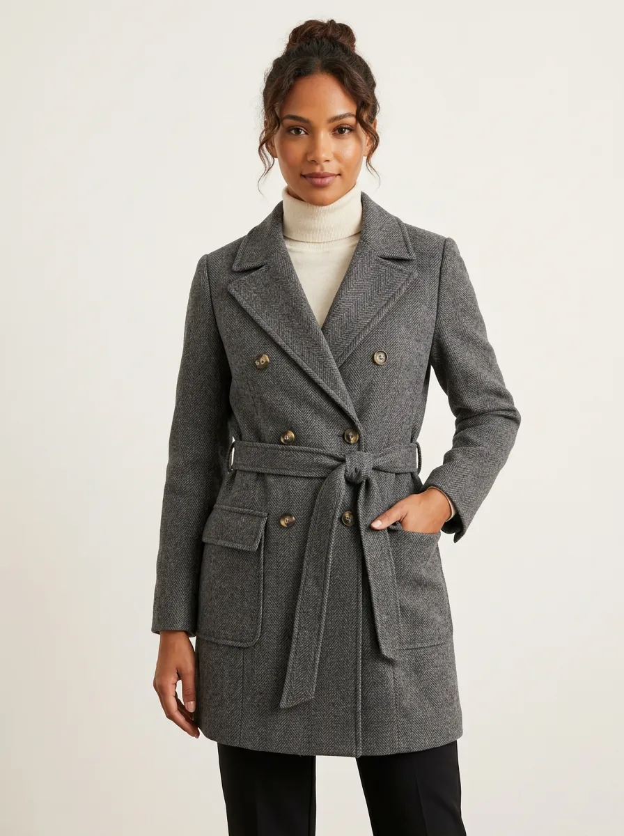 Women's Classic Herringbone Pattern Double-Breasted Belted Coat