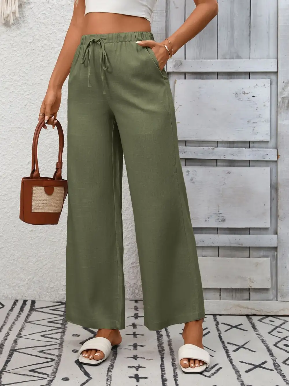 Wide Leg High Waist Drawstring Pocketed Pants