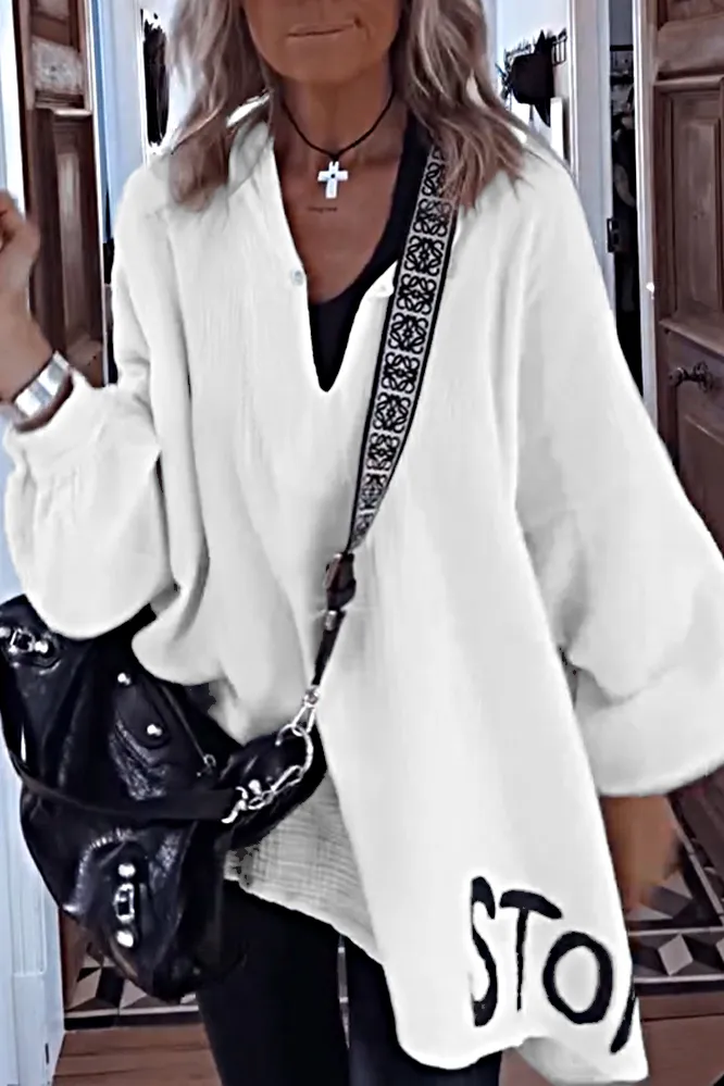 9PACK-Women'S Letter Cotton And Linen Casual Long-Sleeved Top