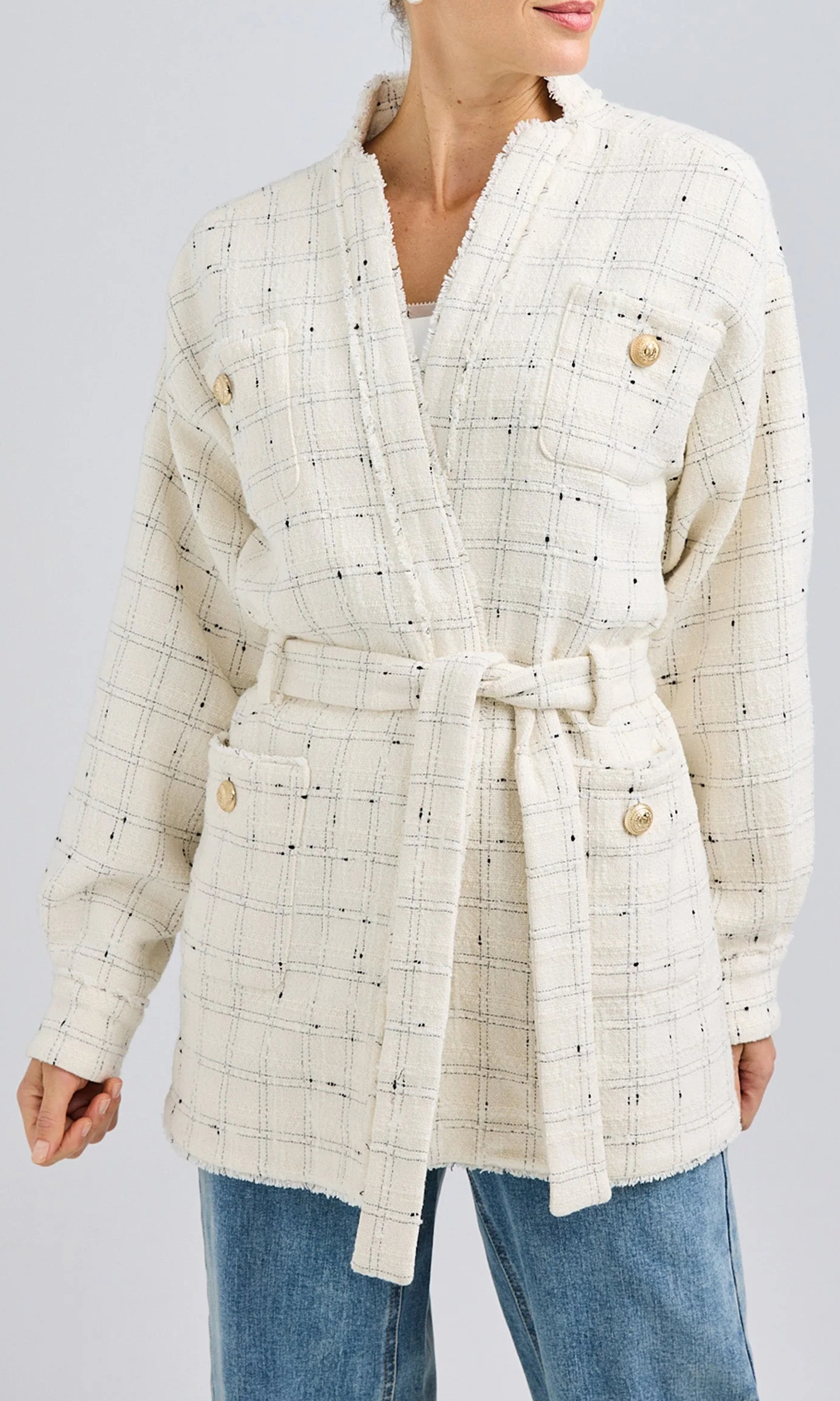 Tweed Mid-Length Tie-Down Jacket