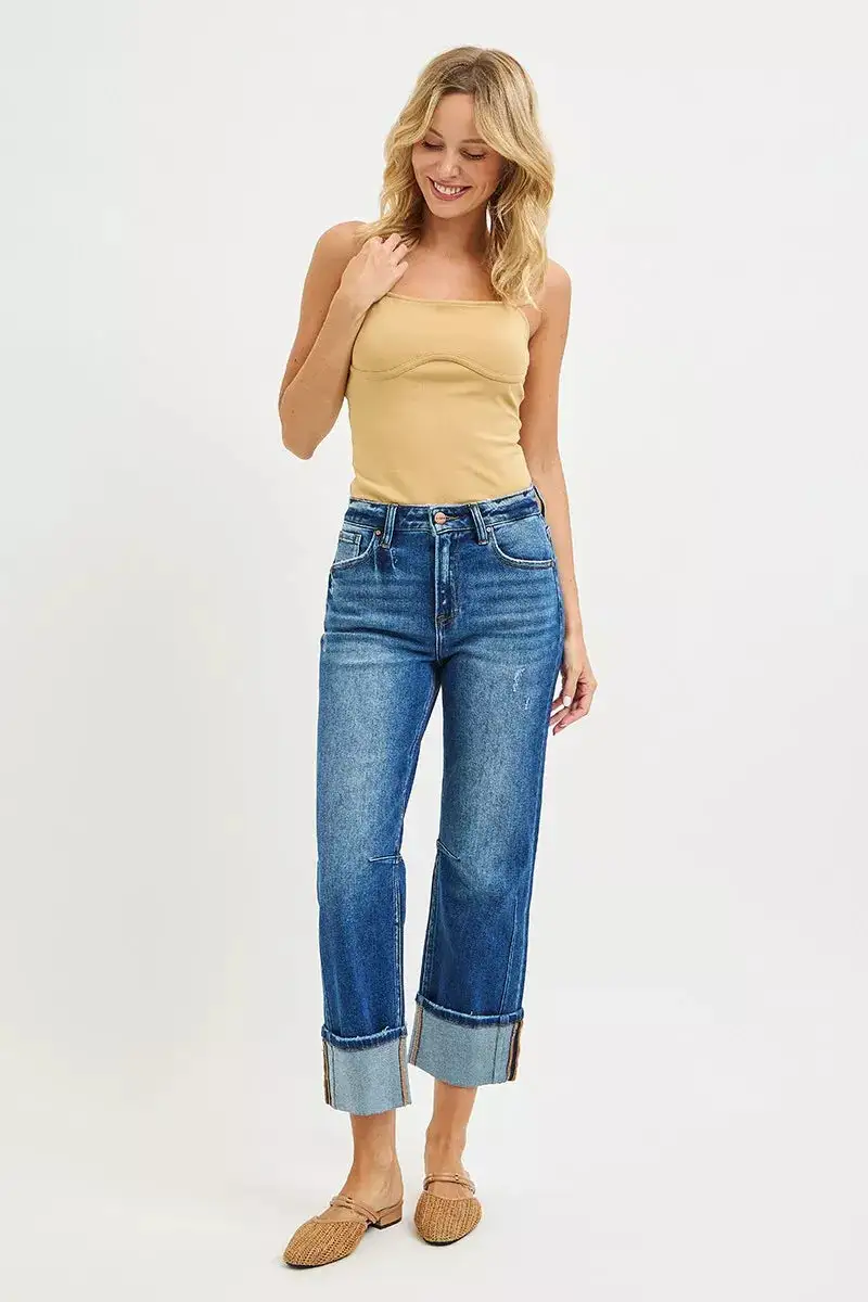 Casual High Waist Straight Leg Distressed Denim Jeans