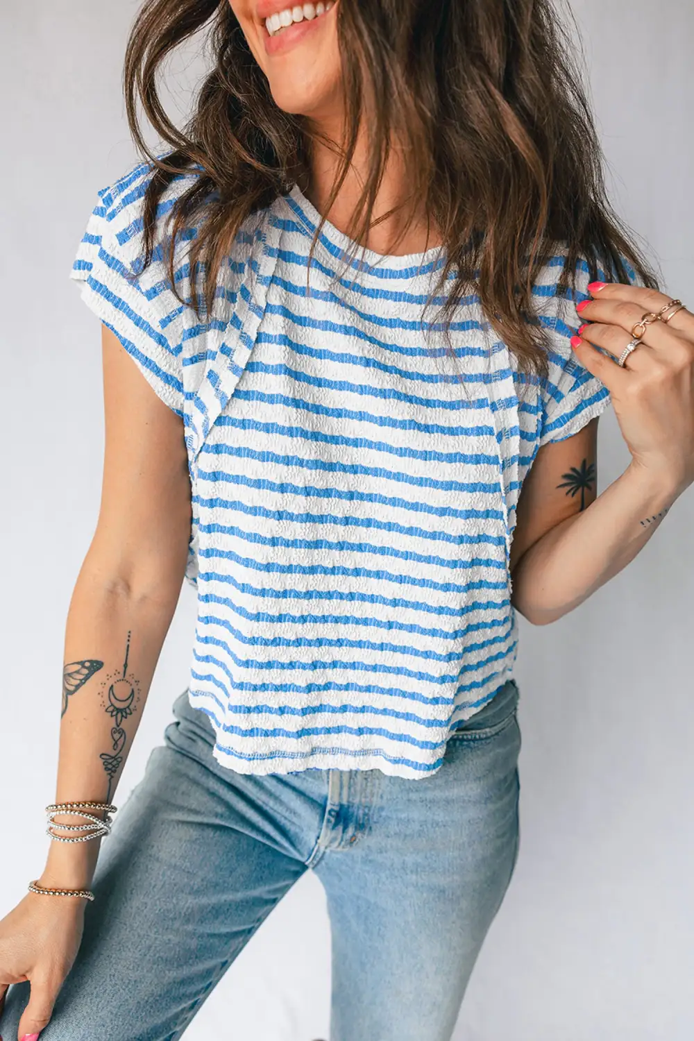 Short-Sleeve Patchwork Textured Striped T-Shirt