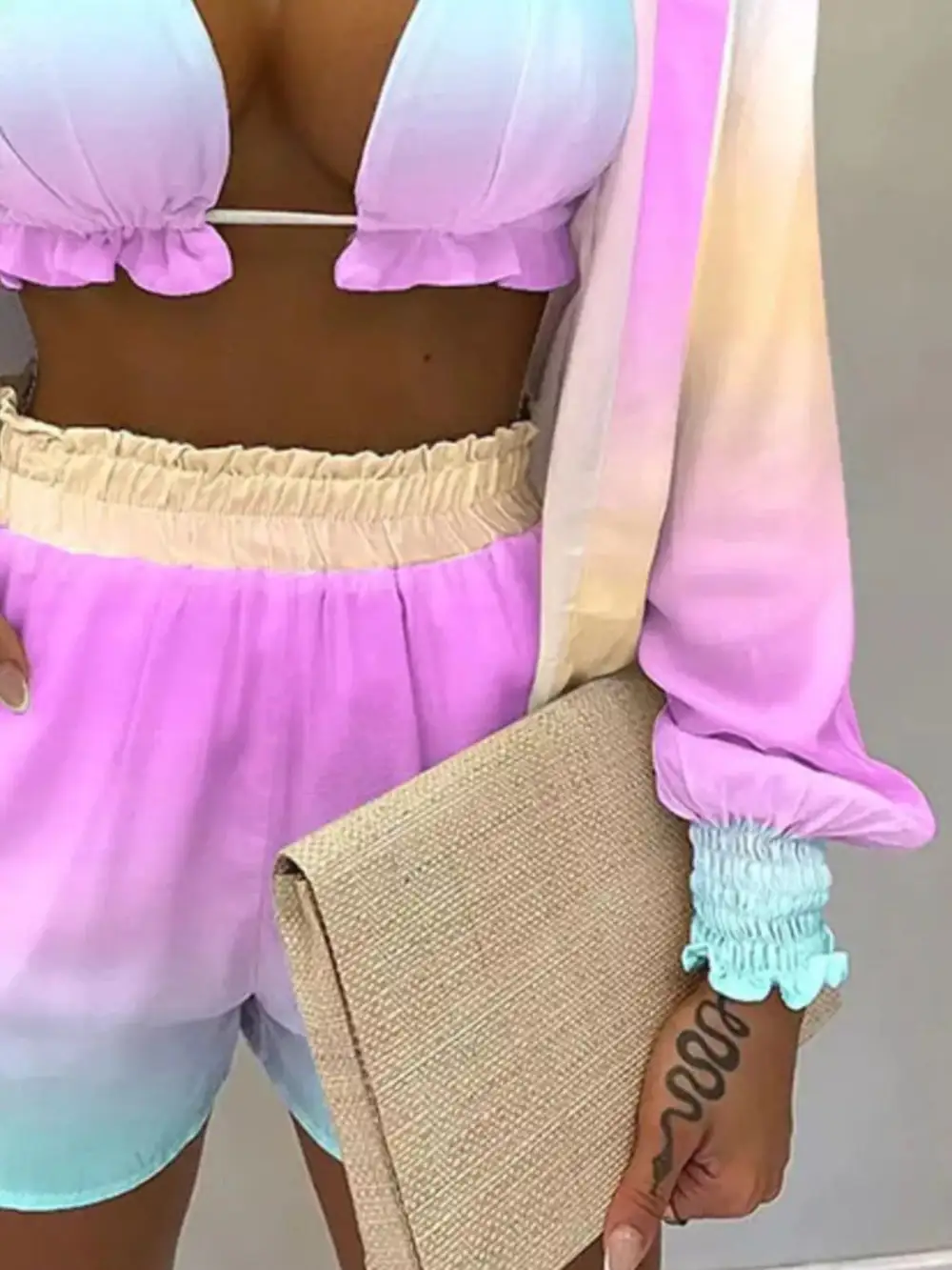 Halter Neck Cami & Shirt & Shorts Piece Outfit Set