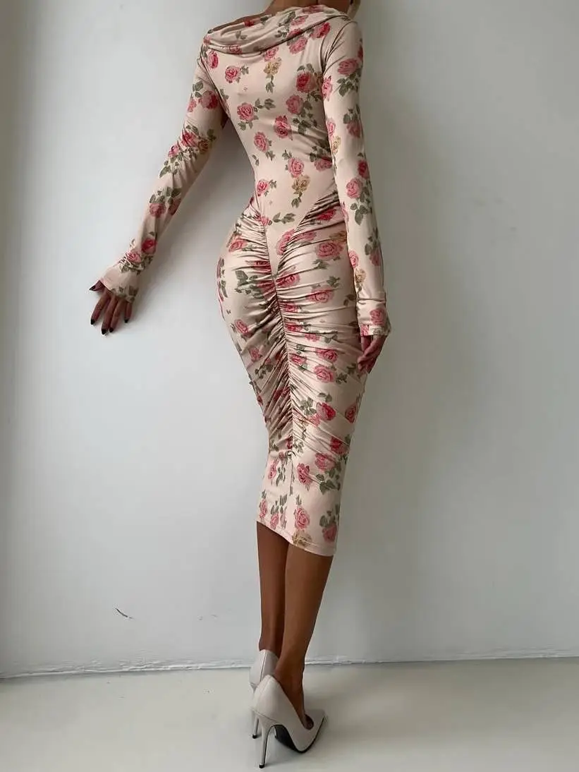 Distinctive Boat Neck Floral Print Pleated Midi Dress